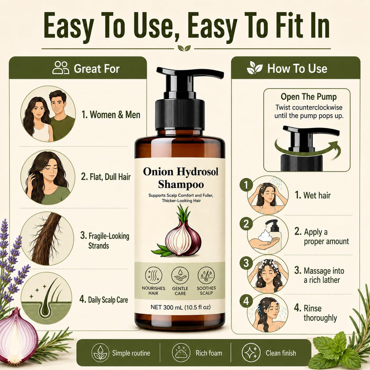 Kranla shampoo in shower on wet hair demonstrating simple routine