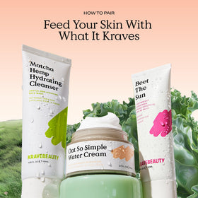 KraveBeauty flatlay with related products conveying minimalist skincare setup