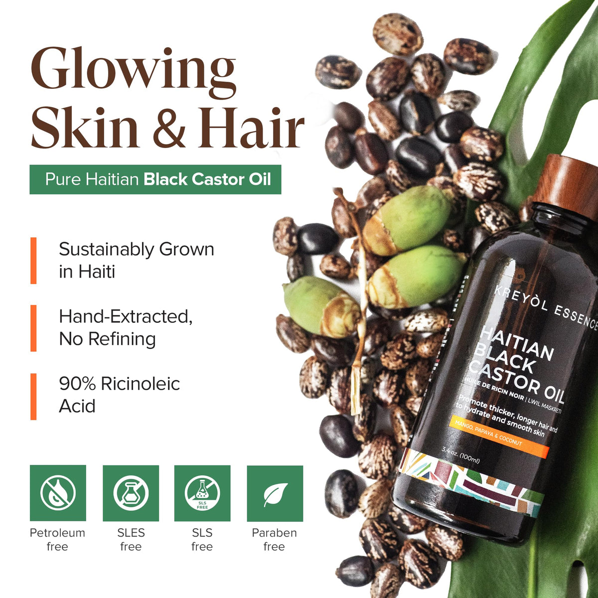 KREYÒL ESSENCE mango papaya coconut ingredients indicating nourishing antioxidants