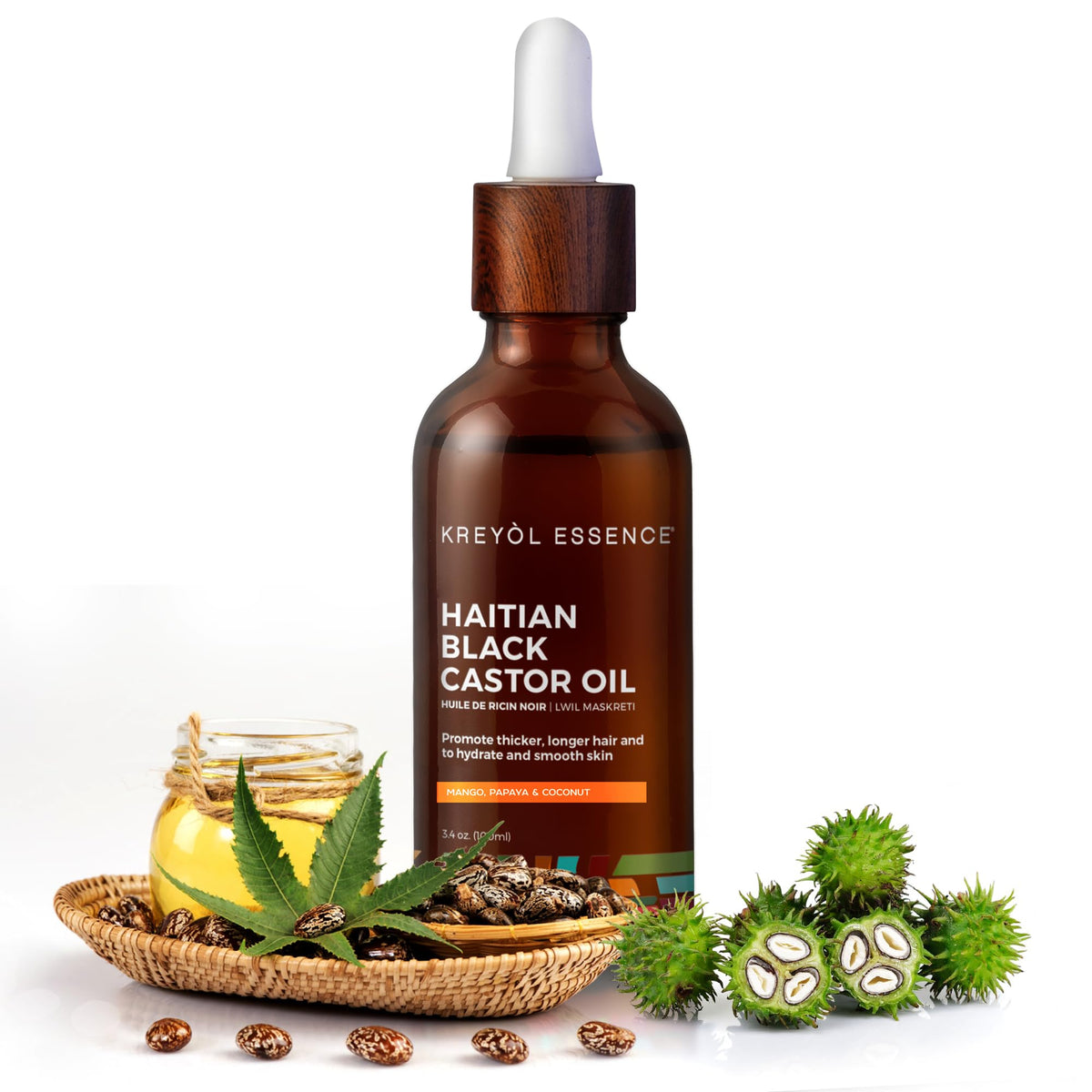 KREYÒL ESSENCE label closeup highlighting cold-pressed, hexane-free benefits