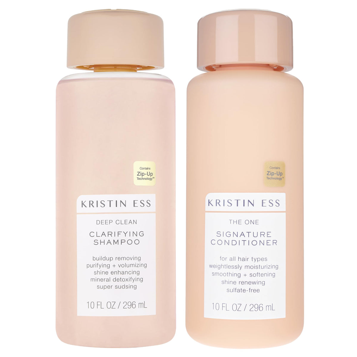 Kristin Ess front packaging of clarifying shampoo and conditioner showing clean bottles and refreshed hair benefits