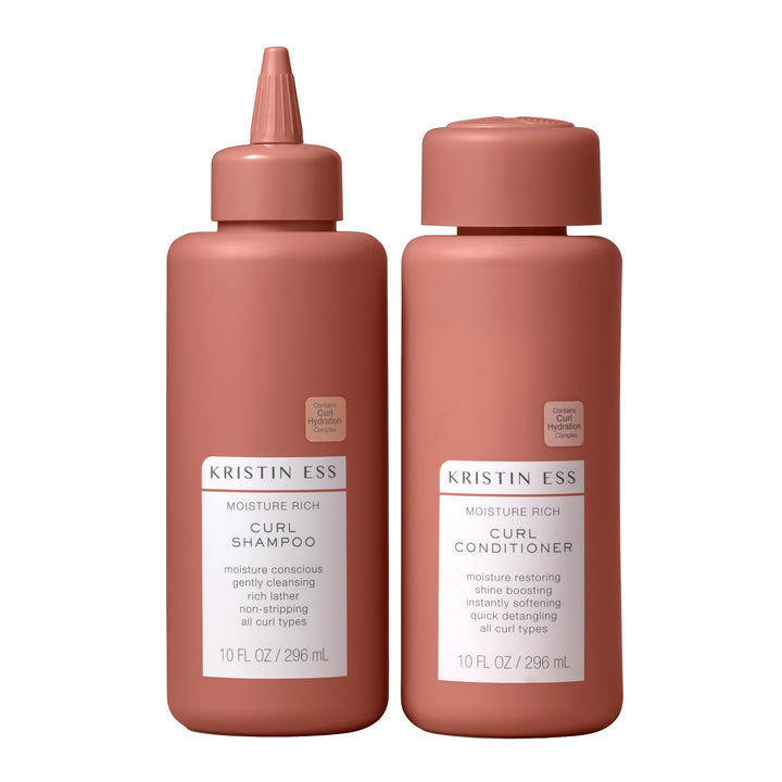 Kristin Ess front packaging of curl shampoo and conditioner showing duo benefits