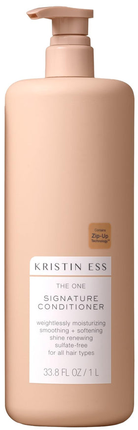 Kristin Ess front packaging showing large conditioner bottle and label benefits
