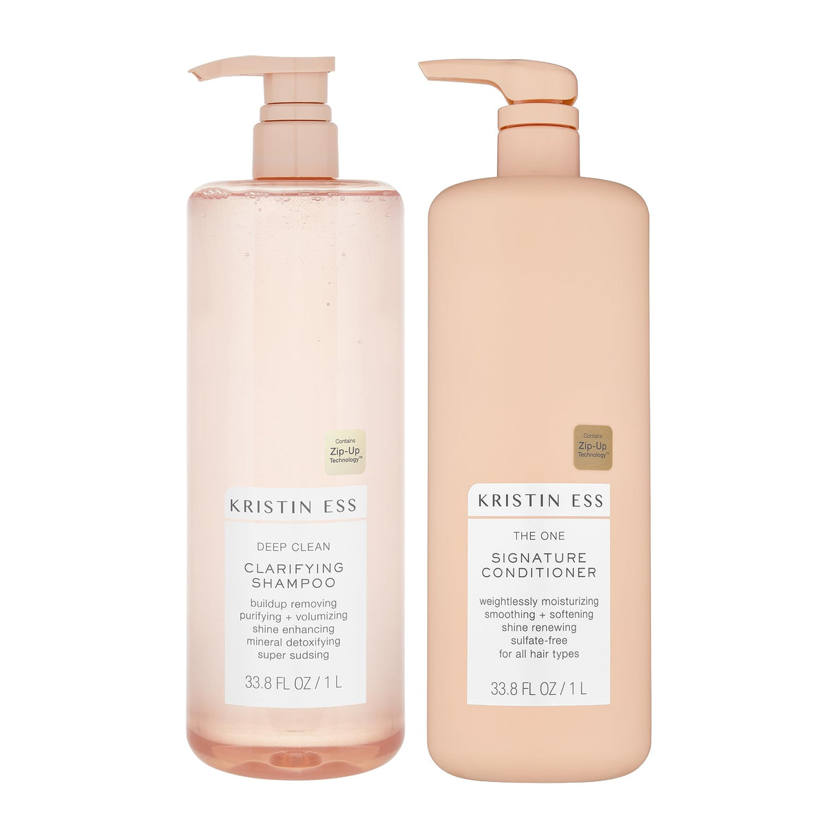 Kristin Ess front packaging showing both large bottles and product benefits