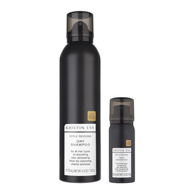 Kristin Ess front packaging showing dual dry shampoo cans and brand benefits