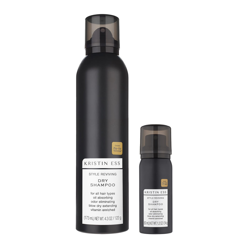 Kristin Ess front packaging showing dual dry shampoo cans and brand benefits