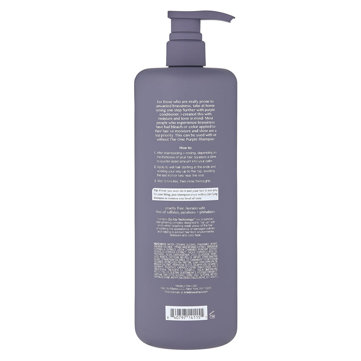 Kristin Ess label close-up highlighting product claims and ingredient benefits