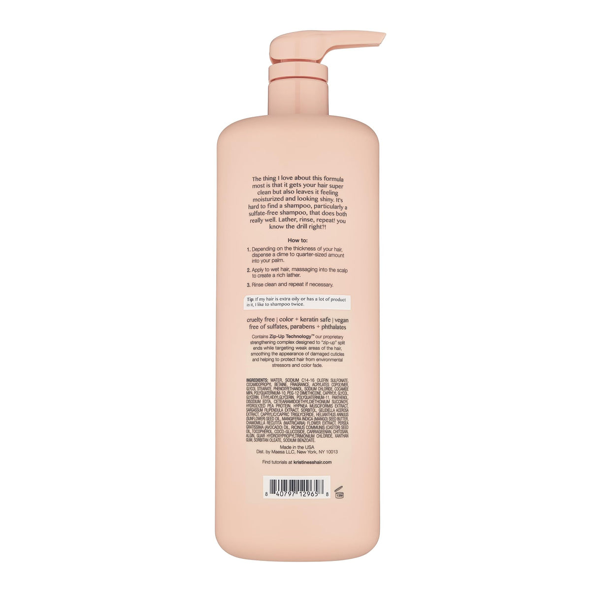 Kristin Ess label close-up highlighting active ingredients and vegan claim for transparency