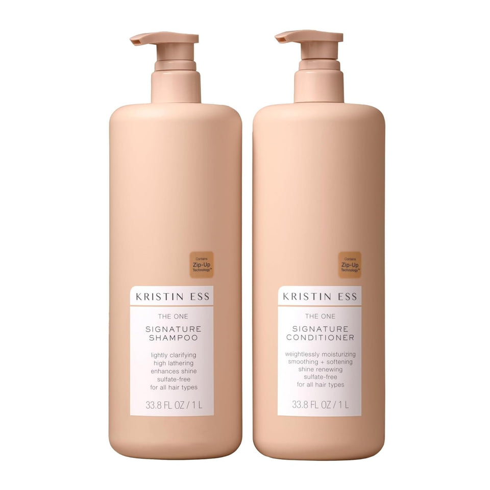 Kristin Ess front packaging showing both large pump bottles and convenience