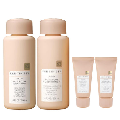 Kristin Ess front packaging showing full and travel bottles for convenient moisture and color care