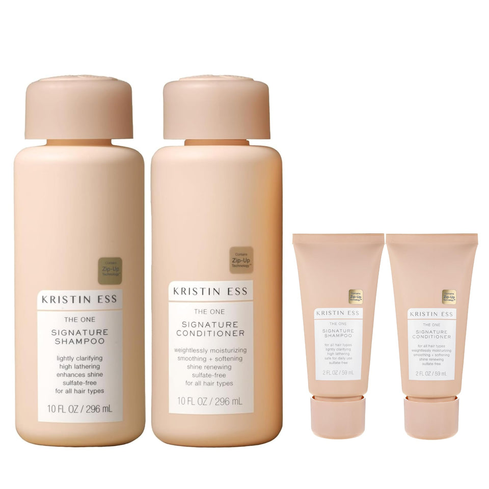 Kristin Ess front packaging showing full and travel bottles for convenient moisture and color care