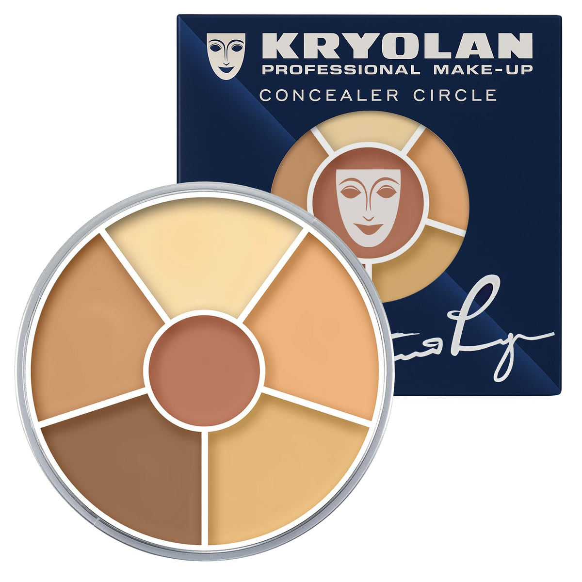 Kryolan concealer circle front palette showing six shades and compact design for versatility