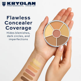 Kryolan concealer circle applied under eye demonstrating brightening benefit and coverage