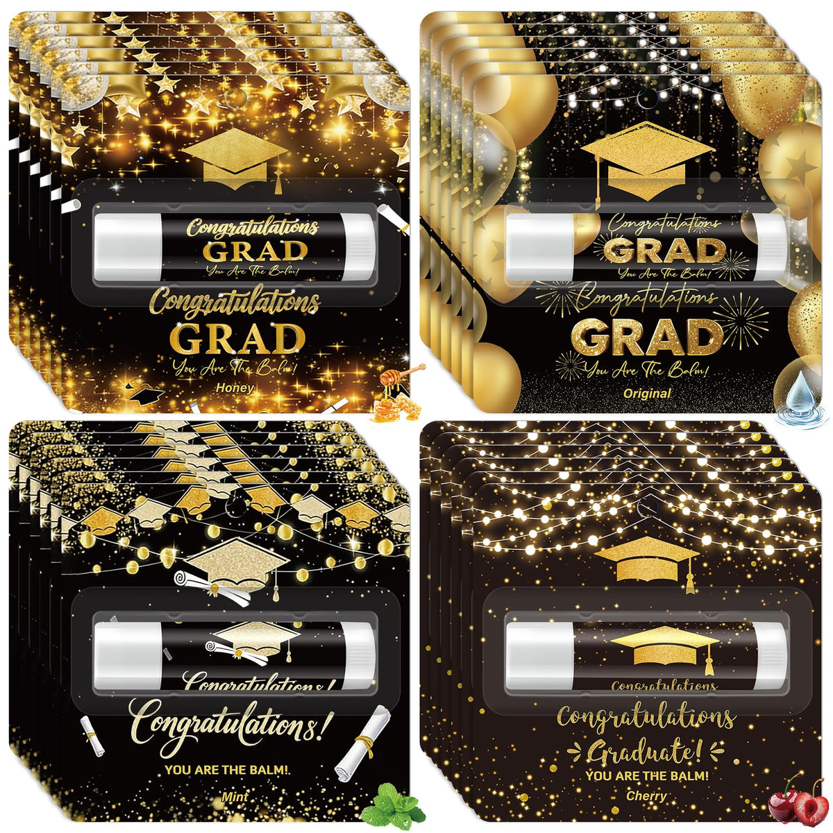 Kuabiz front packaging showing 24 graduation lip balms and festive design