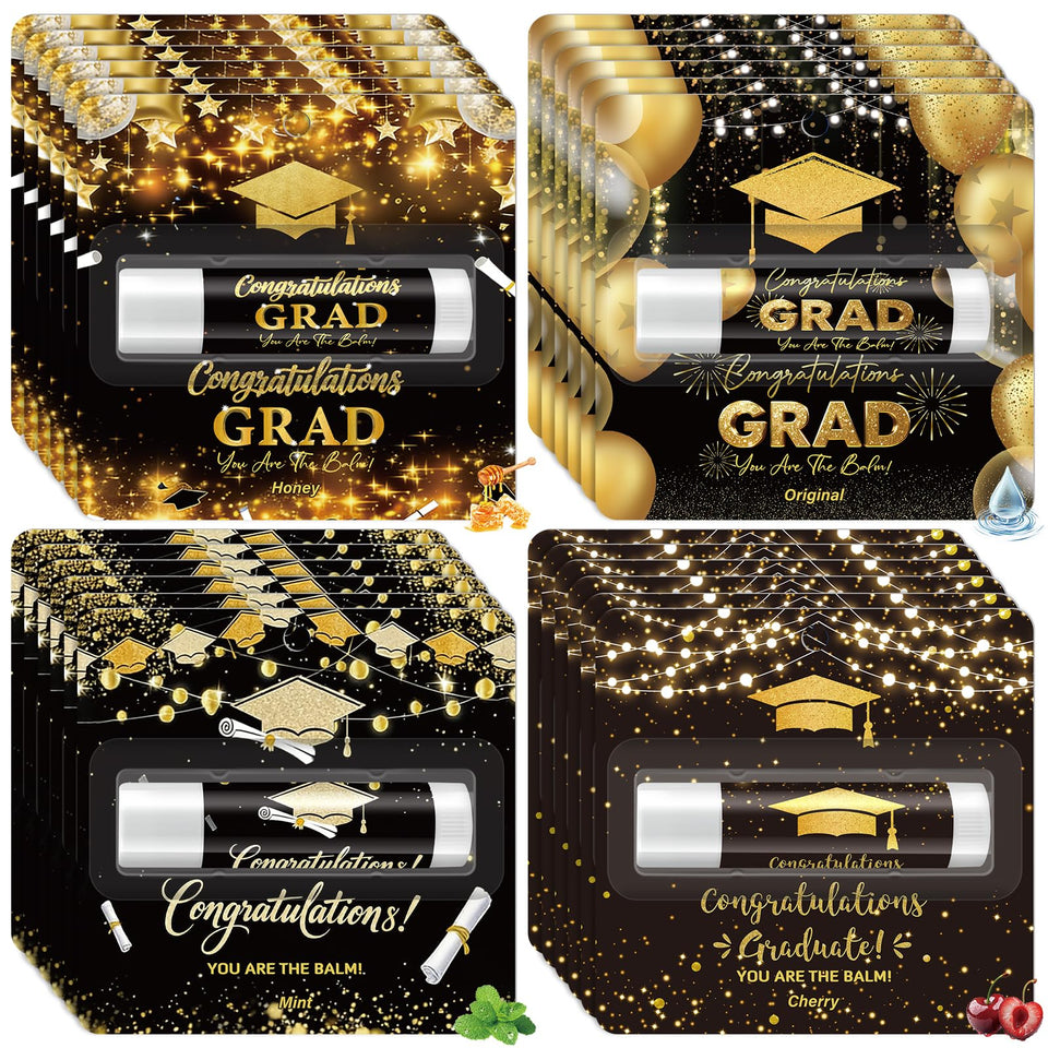 Kuabiz front packaging showing 24 graduation lip balms and festive design