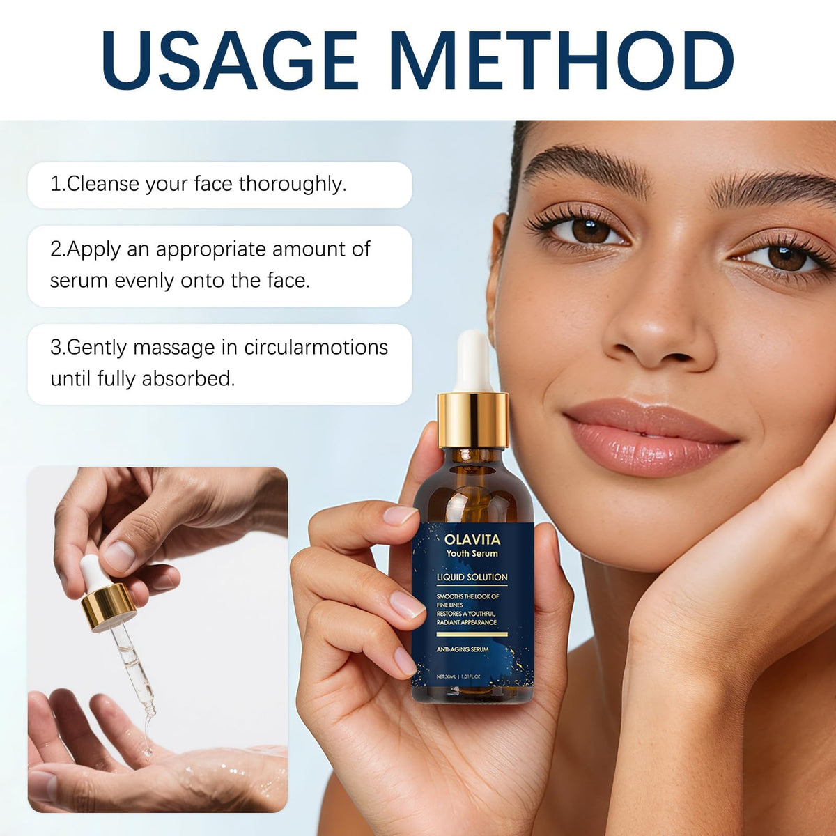 KUKSY Olavita woman applying serum demonstrating gentle massage and absorption