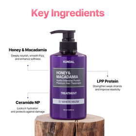 KUNDAL label ingredients closeup listing honey macadamia argan benefits