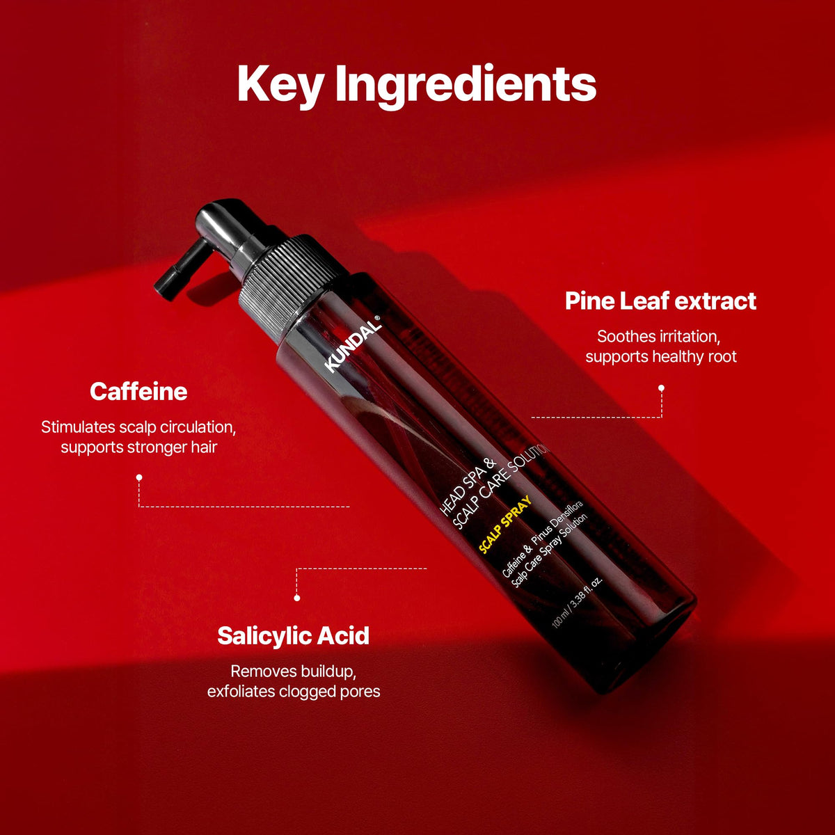 KUNDAL spray nozzle close-up demonstrating fine mist for even, lightweight distribution