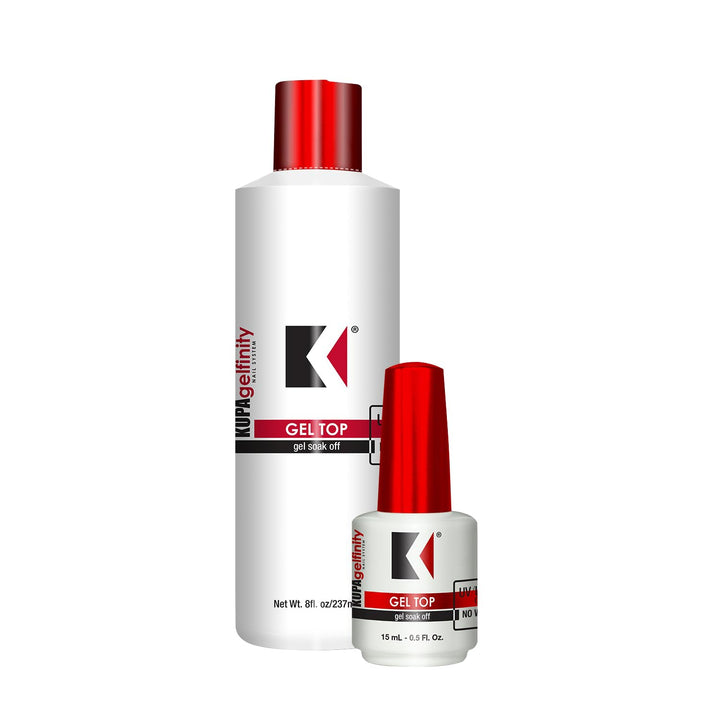 KUPA GelFinity front packaging showing both bottle sizes and glossy finish benefit