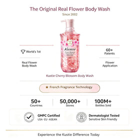 Kustie on bathroom shelf in shower setting conveying a luxurious everyday routine