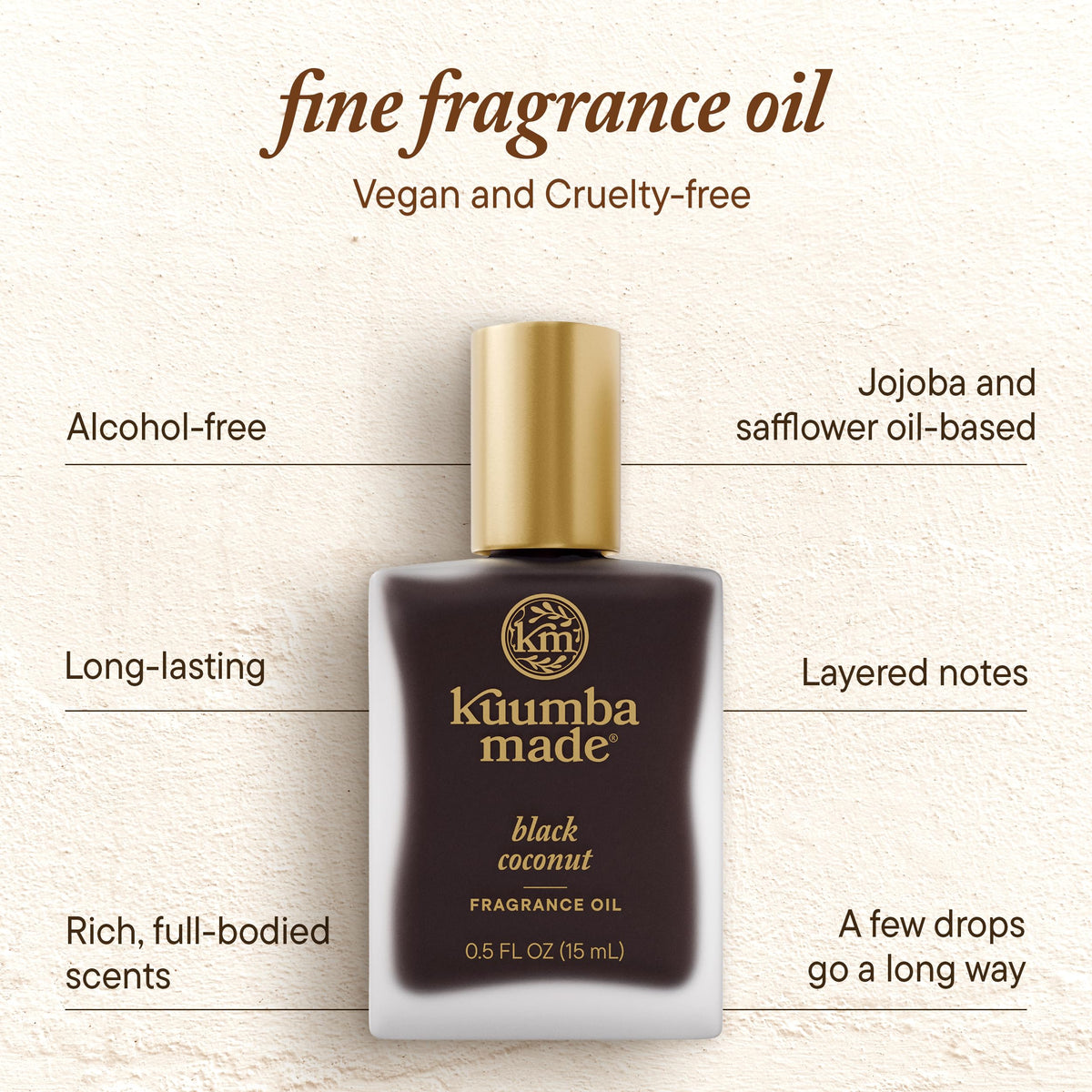 Kuumba Made ingredient label showing vegan, alcohol-free benefits