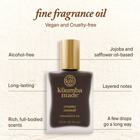 Kuumba Made bottle held in hand showing 0.5 oz travel-friendly benefit