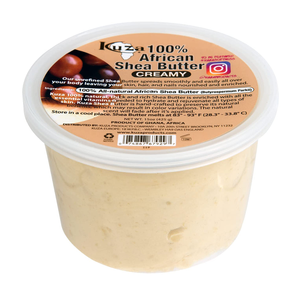 Kuza shea butter front jar showing label and 15oz size for clear product identification and confidence