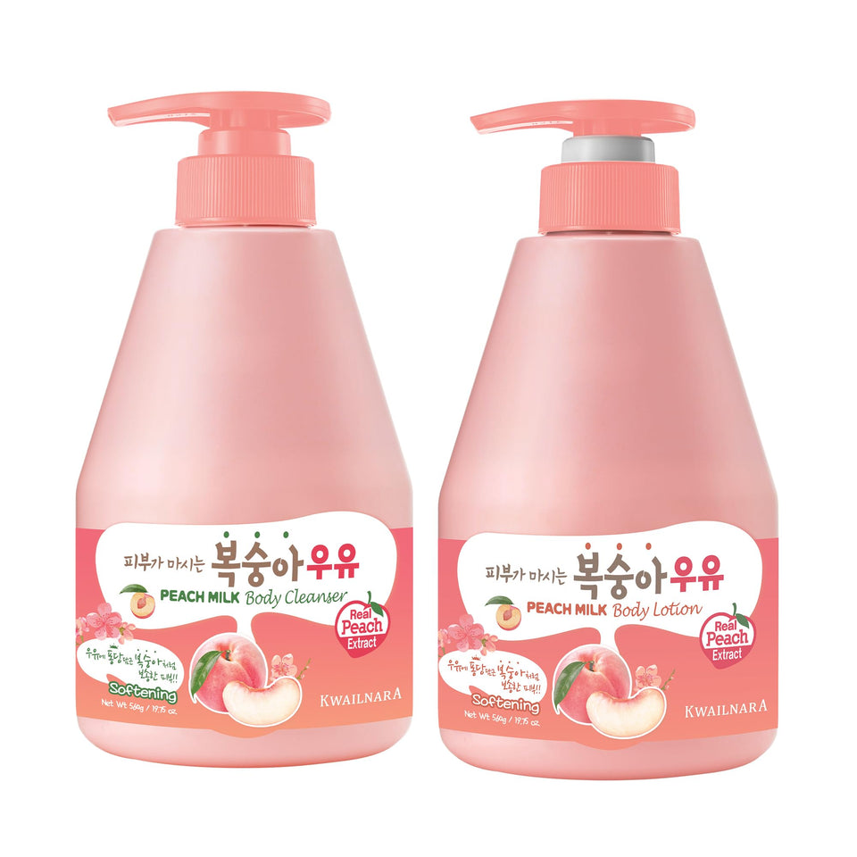 Kwailnara front packaging showing the peach milk duo and benefits in bathroom-ready design