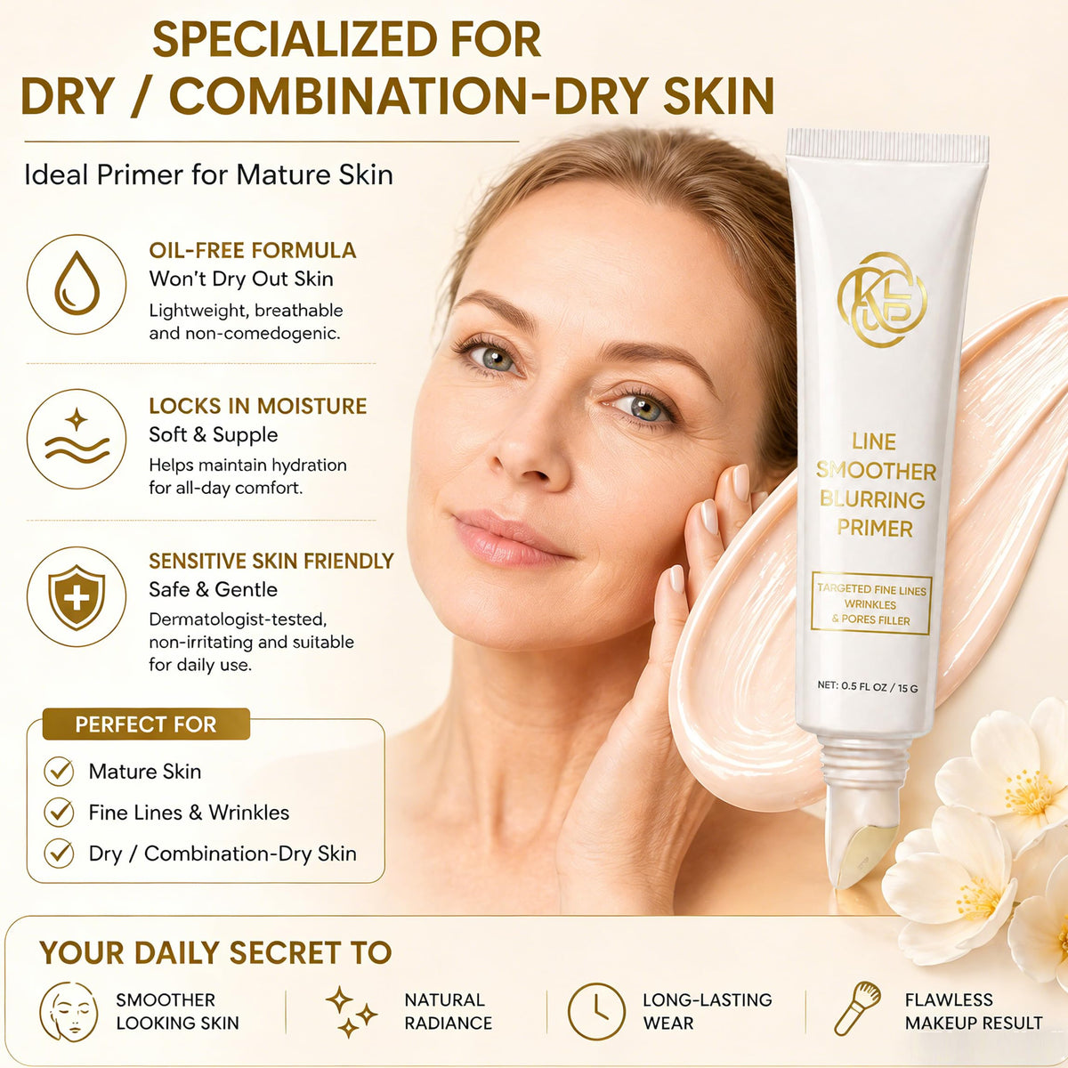 KWEZTY primer before and after on face showing softened fine lines