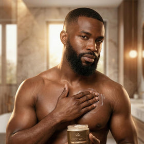 KXNG Cosmetics jar on bathroom shelf in men’s grooming setup for daily routine benefit