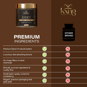 KXNG Cosmetics with shea and cocoa butters showing natural ingredients