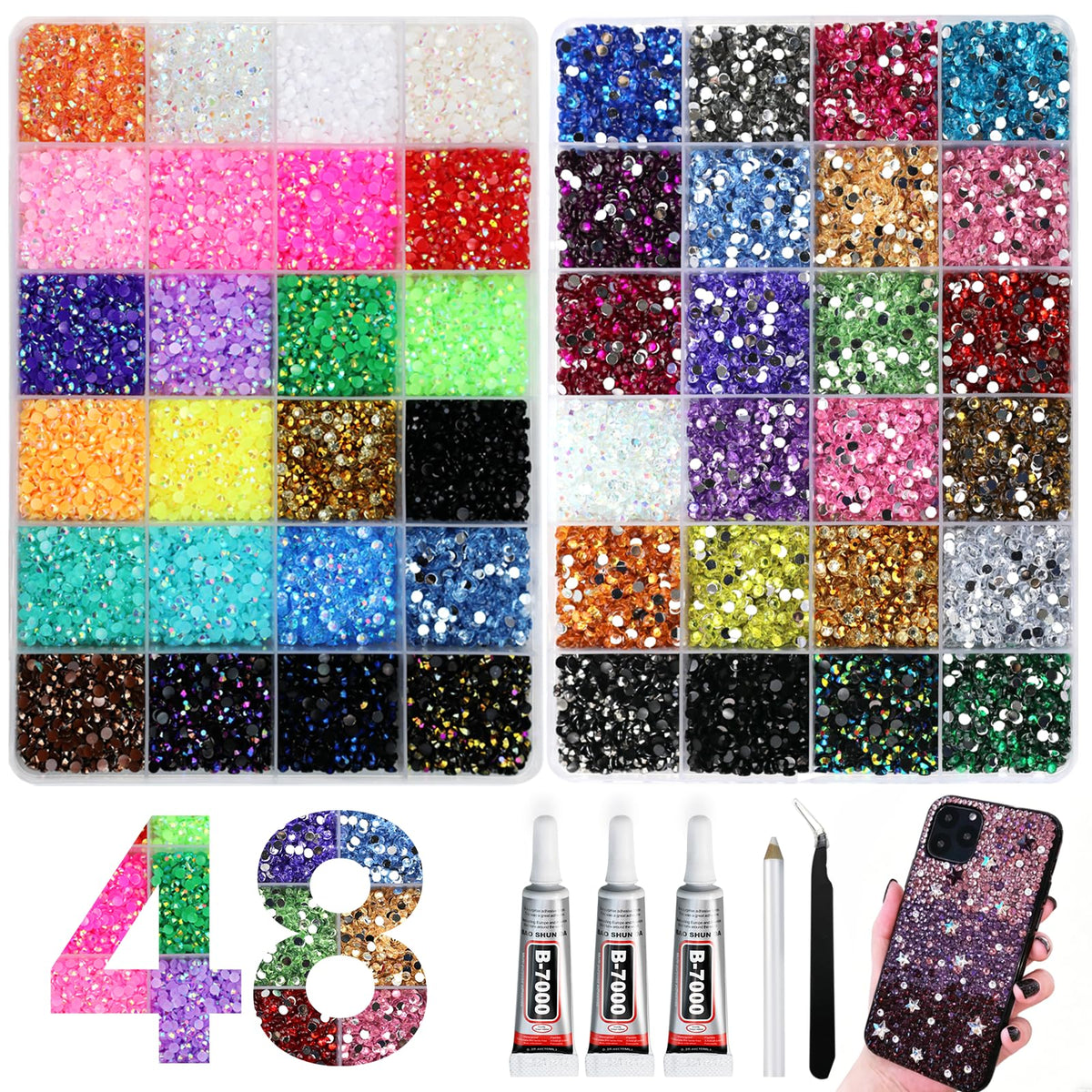 KYAPUB front view of 48-grid organizer filled with 3mm rhinestones showing neat sorting and quantity