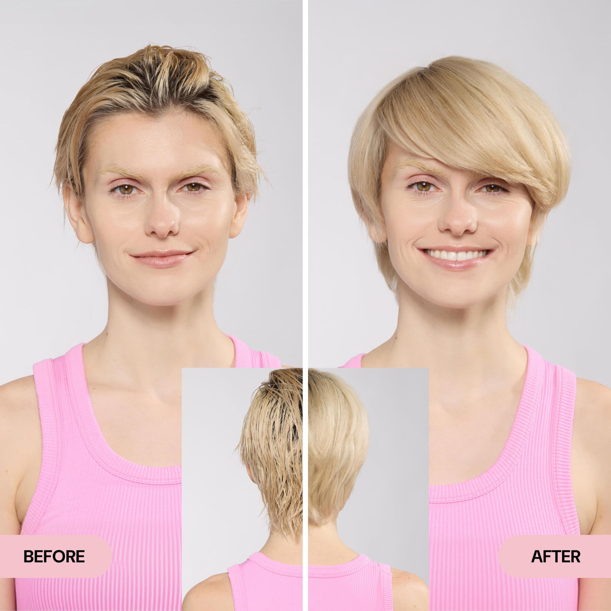 L'ANGE HAIR before and after shine comparison showing visibly smoother hair