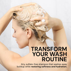 L'ANGE HAIR shampoo lather texture demonstrating smooth moisturizing foam