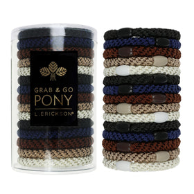 L. Erickson clear tube packaging showing 15 neutral hair ties, great for organized storage