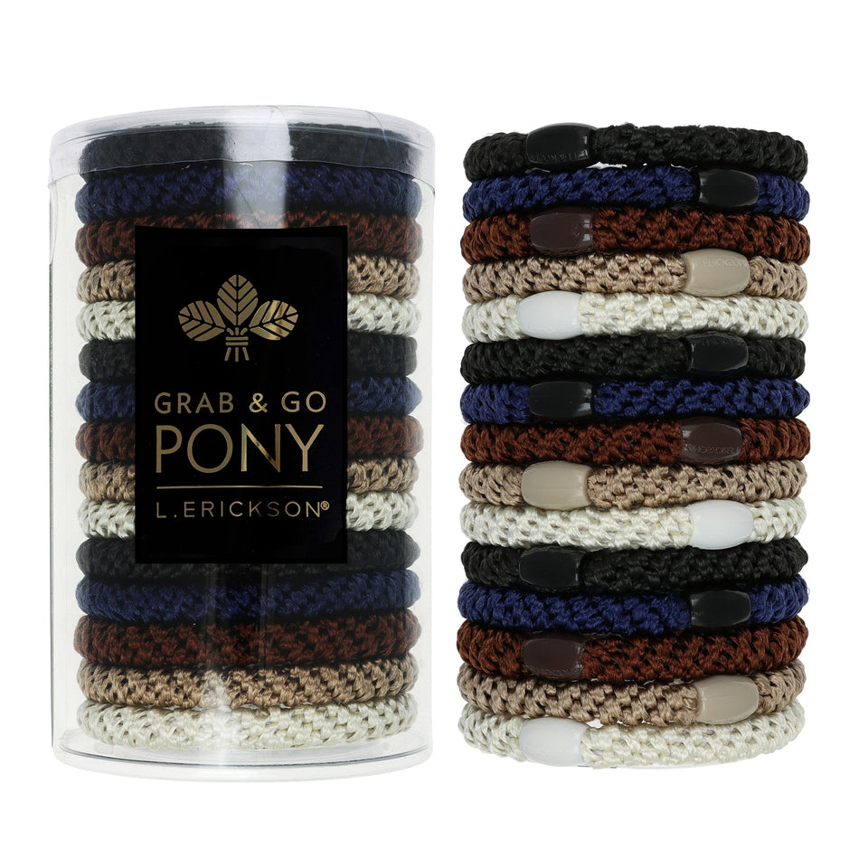 L. Erickson clear tube packaging showing 15 neutral hair ties, great for organized storage