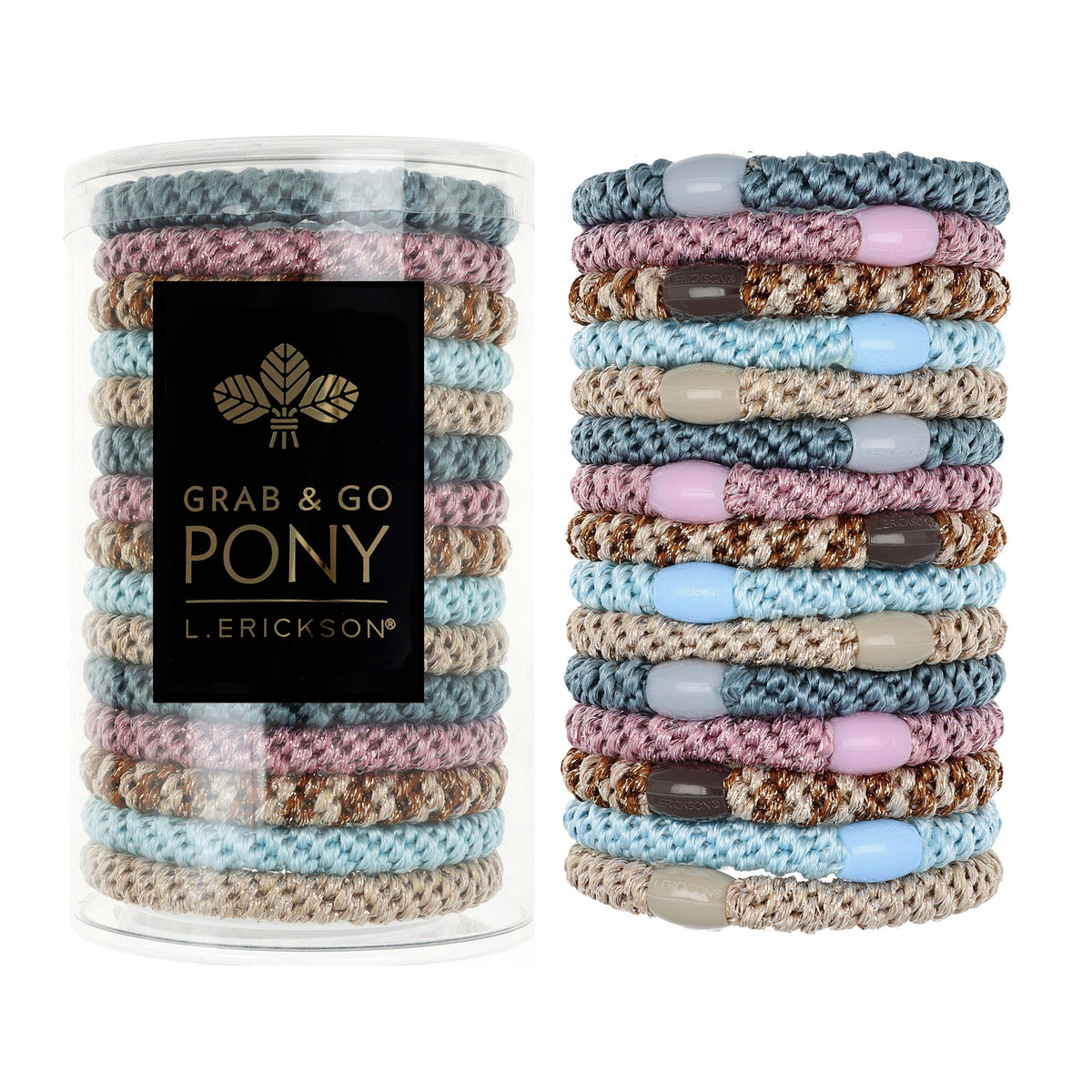 L. Erickson clear tube packaging showing pastel hair ties and tidy storage benefit