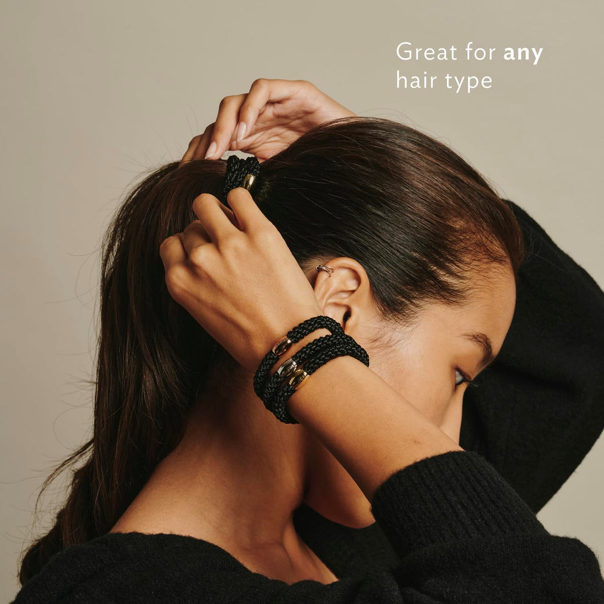 L. Erickson hair tie worn on wrist as accessory and quick-access convenience