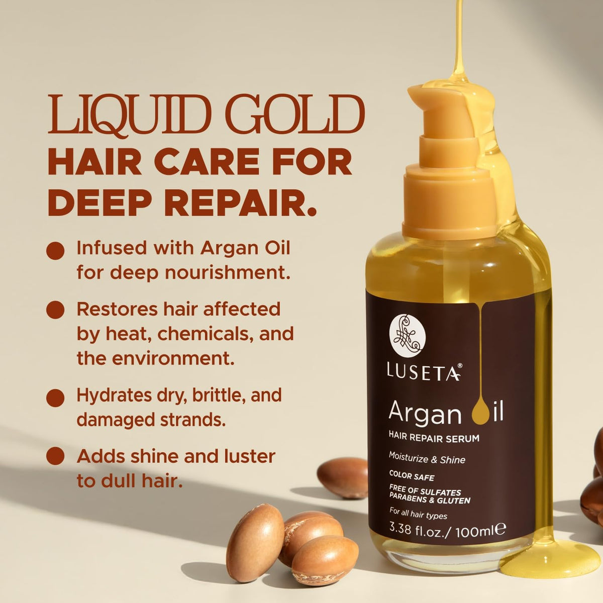 L LUSETA bottle label detail showing pure argan oil ingredient clarity and trust