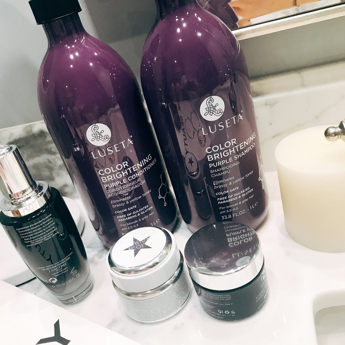 L LUSETA lifestyle shelf display conveying salon-quality routine