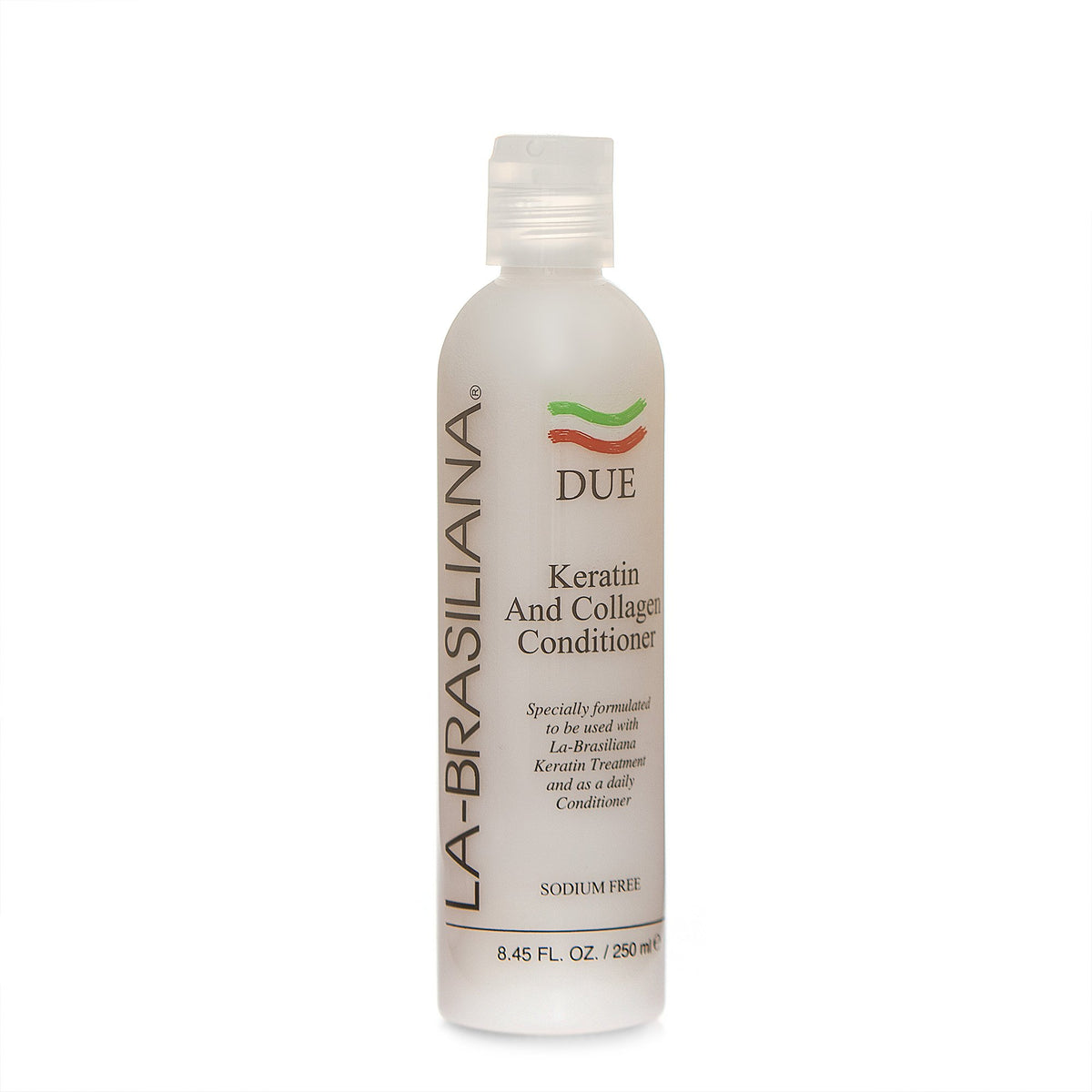 La-Brasiliana Due conditioner front bottle shows label and size for informed purchase