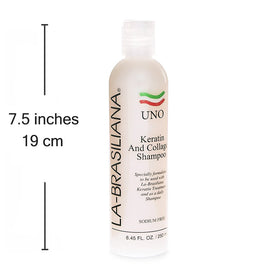 La-Brasiliana bottle next to towel in bathroom, suggests salon-quality results at home