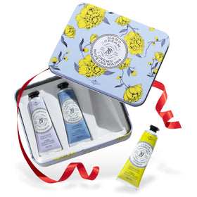 La Chatelaine trio front tin showing three travel hand creams, ideal for gifting