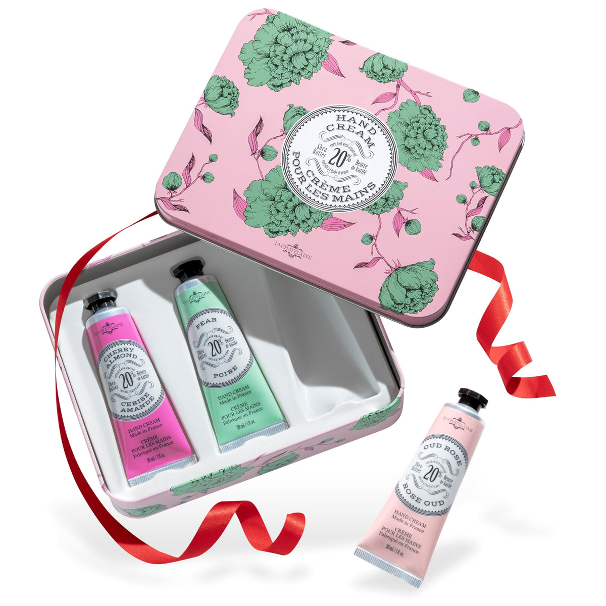 La Chatelaine trio tin front packaging showing gift-ready design and elegant label benefits