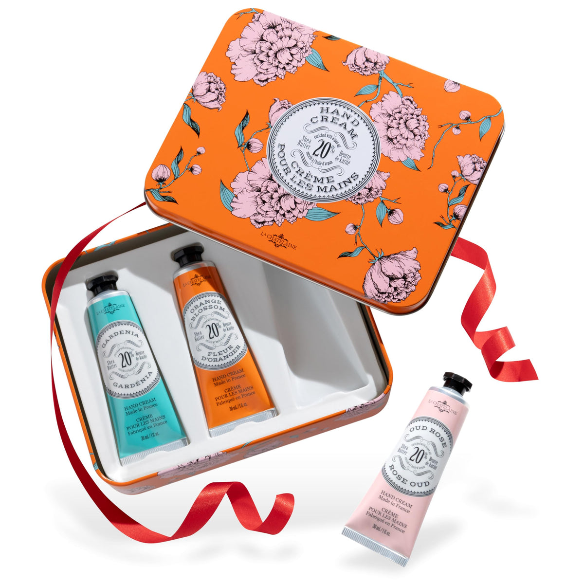 La Chatelaine trio tin front packaging showing three tubes and elegant box offering a ready-to-gift solution