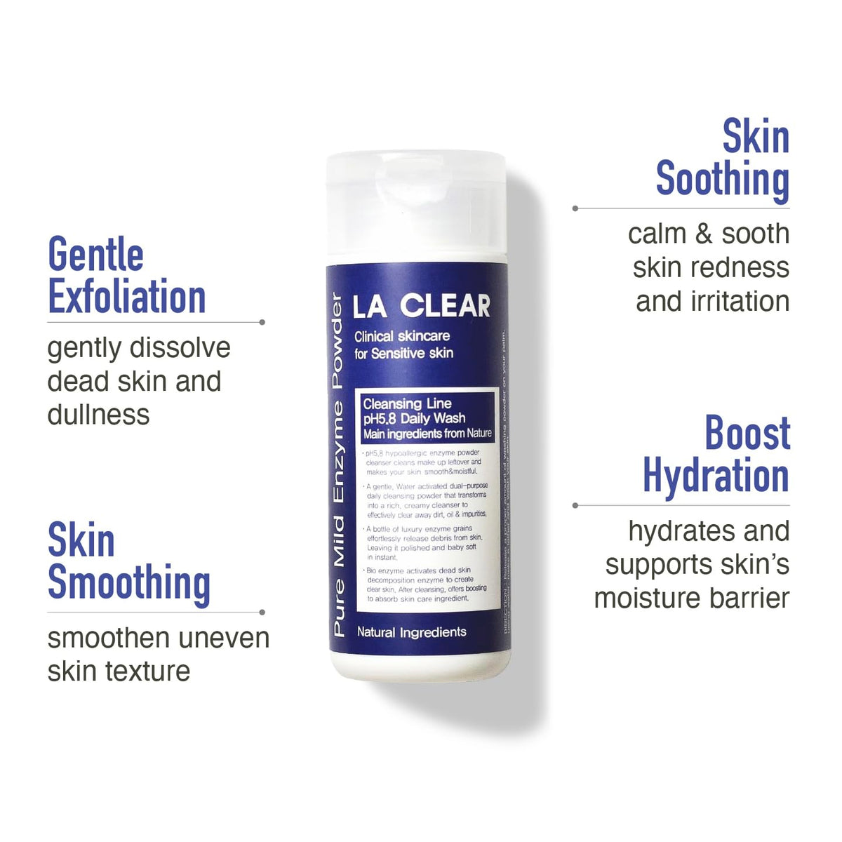 La clear powder texture closeup highlighting fine granules for gentle exfoliation