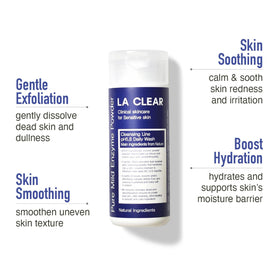 La clear powder texture closeup highlighting fine granules for gentle exfoliation