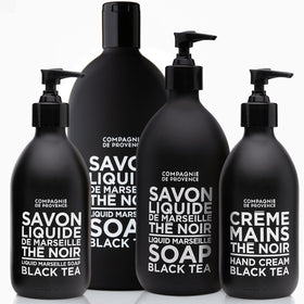 La Compagnie de Provence person washing hands with soap, fragrant black tea experience benefit