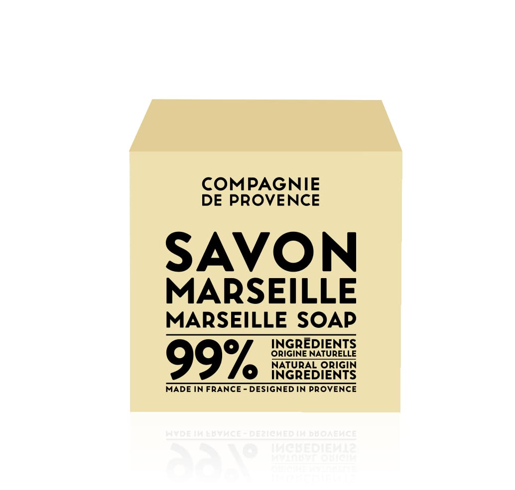La Compagnie de Provence cube beside a ruler to show 400g size and scale, practical