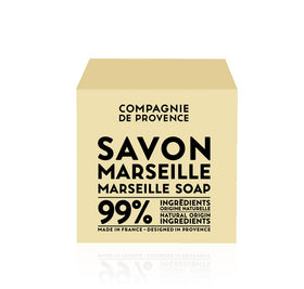La Compagnie de Provence cube beside a ruler to show 400g size and scale, practical